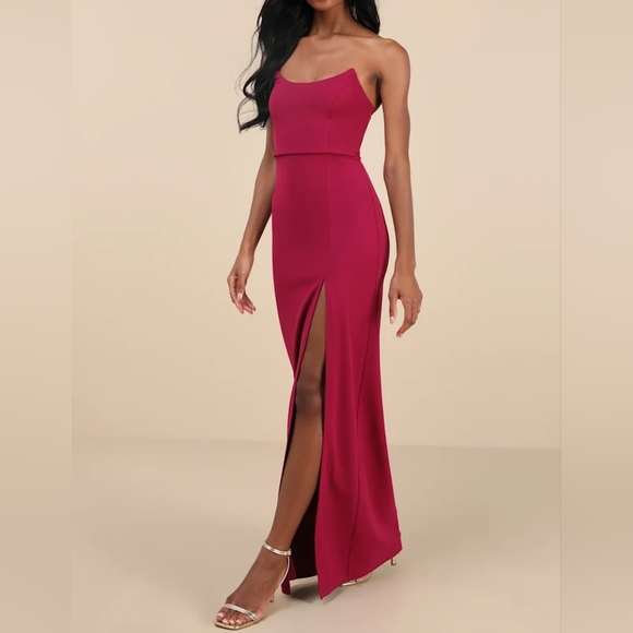 NWT Lulus Sensational Beauty Dark Pink Strapless Maxi Dress High Slit Medium - Picture 3 of 13